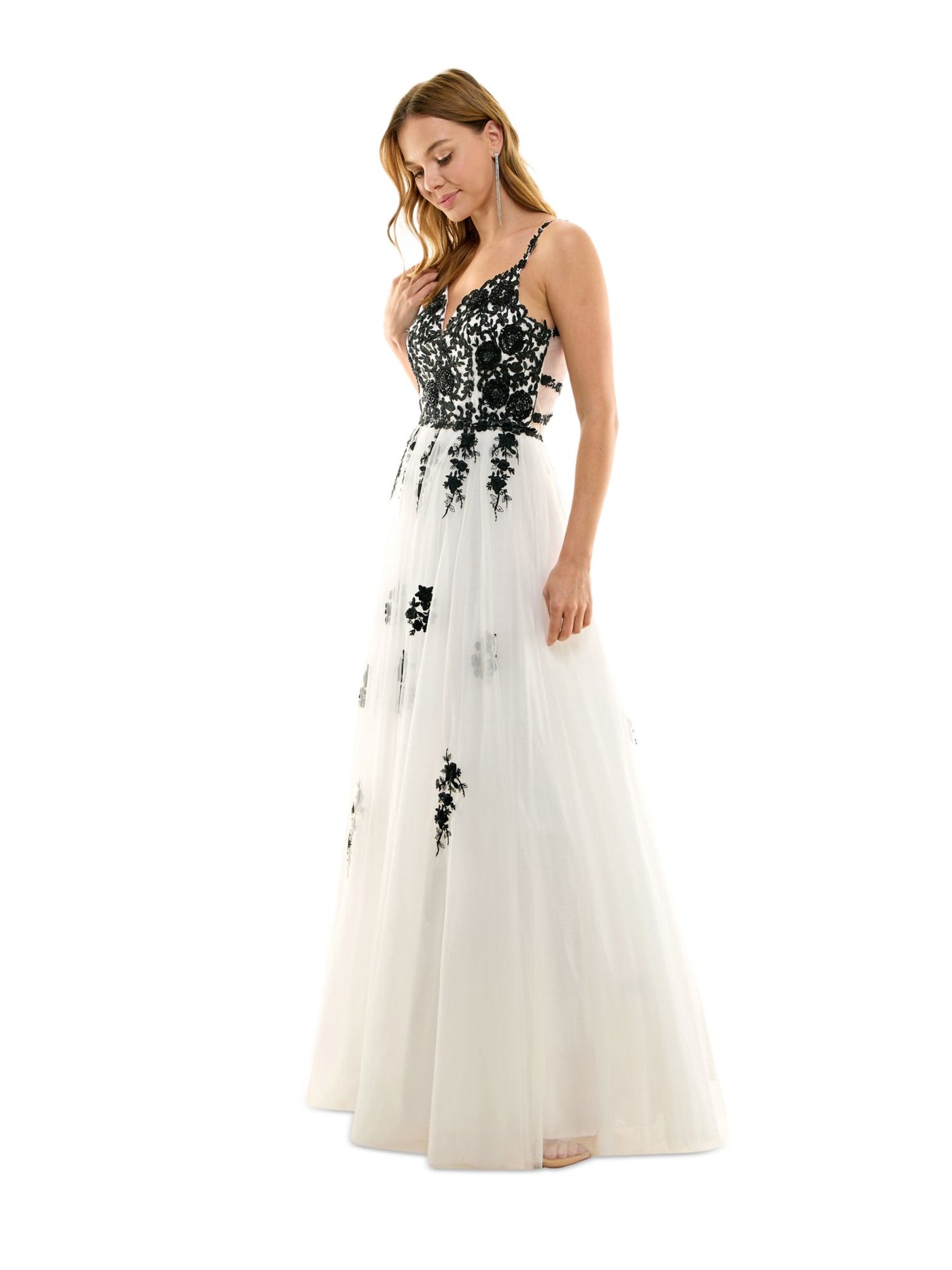 SAY YES TO THE PROM Womens White Embellished Zippered Cutout Tulle Mesh Sheer Lined Floral Spaghetti Strap V Neck Full-Length Formal Gown Dress Juniors 1\2