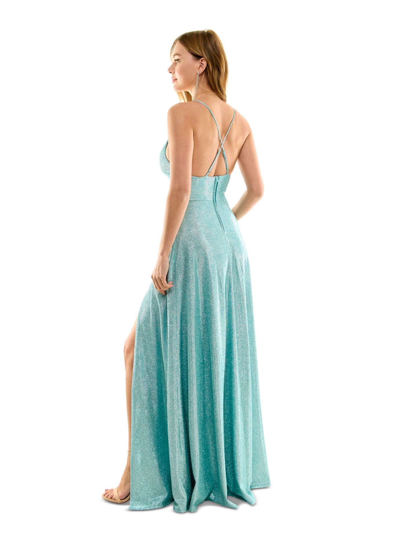 B DARLIN Womens Turquoise Slitted Zippered Crisscross Adjustable Straps Spaghetti Strap V Neck Full-Length  Gown Prom Dress Juniors 0