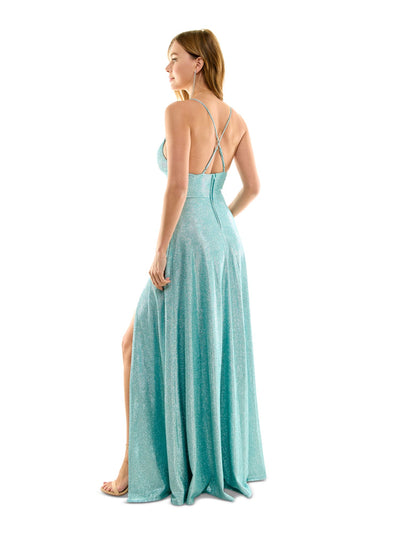 B DARLIN Womens Turquoise Slitted Zippered Crisscross Adjustable Straps Spaghetti Strap V Neck Full-Length  Gown Prom Dress Juniors 15\16