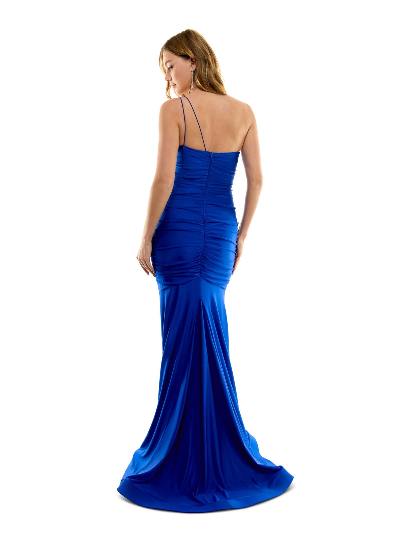 B DARLIN Womens Blue Zippered Ruched Padded Lined Fitted Spaghetti Strap Asymmetrical Neckline Full-Length Party Gown Dress Juniors 0