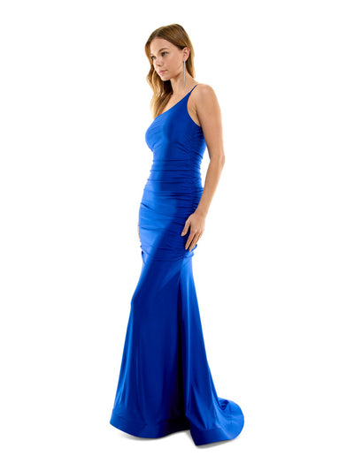 B DARLIN Womens Blue Zippered Ruched Padded Lined Fitted Spaghetti Strap Asymmetrical Neckline Full-Length Party Gown Dress Juniors 0