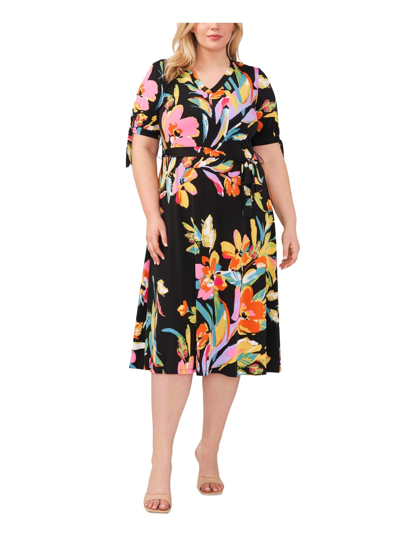 MSK WOMEN Womens Black Floral Elbow Sleeve V Neck Midi Wear To Work Shift Dress Plus 2X