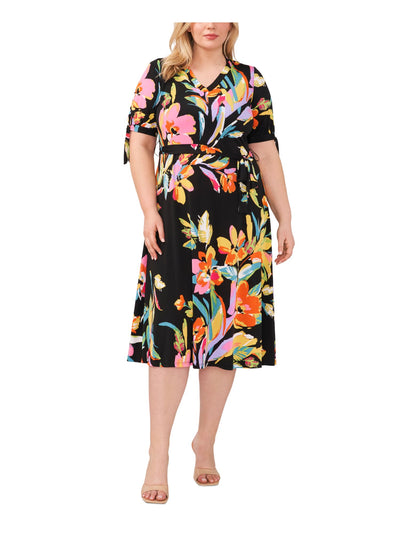 MSK WOMEN Womens Black Floral Elbow Sleeve V Neck Midi Wear To Work Shift Dress Plus 2X