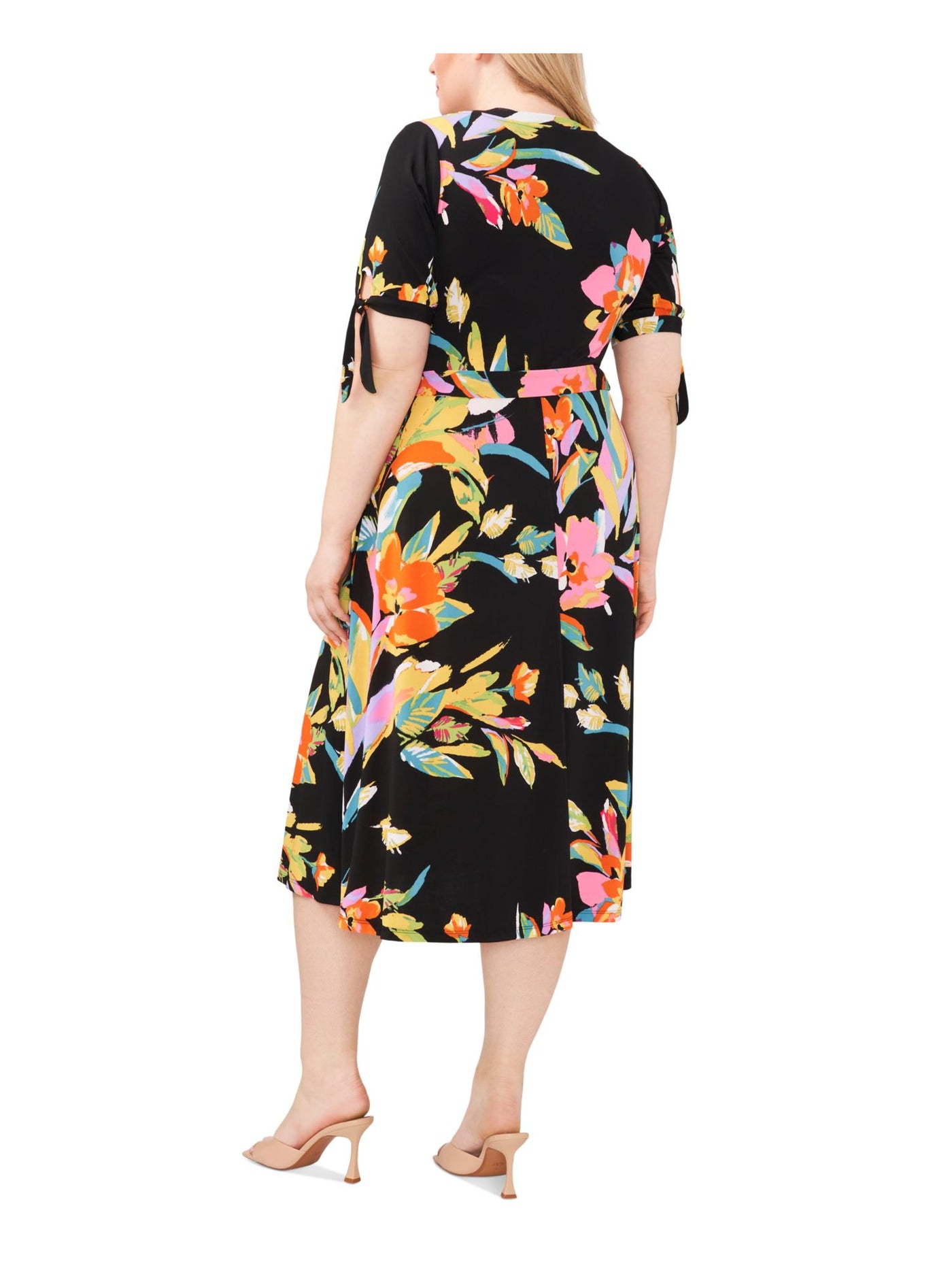 MSK WOMEN Womens Black Floral Elbow Sleeve V Neck Midi Wear To Work Shift Dress Plus 2X