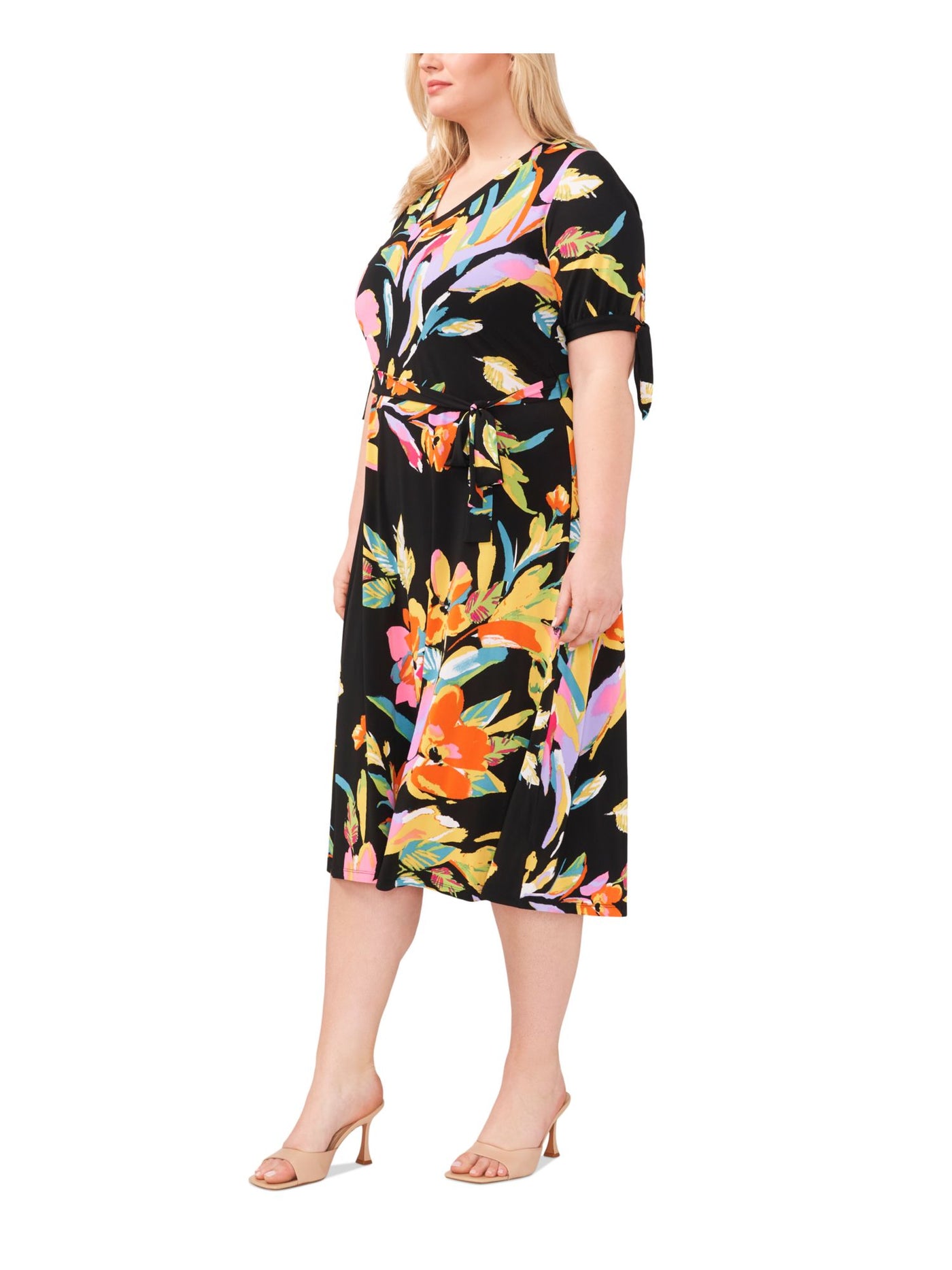 MSK WOMEN Womens Black Floral Elbow Sleeve V Neck Midi Wear To Work Shift Dress Plus 2X