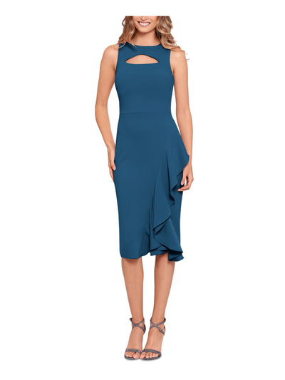 BETSY & ADAM Womens Teal Cut Out Zippered Cascading Ruffles Lined Sleeveless Boat Neck Midi Cocktail Sheath Dress 8