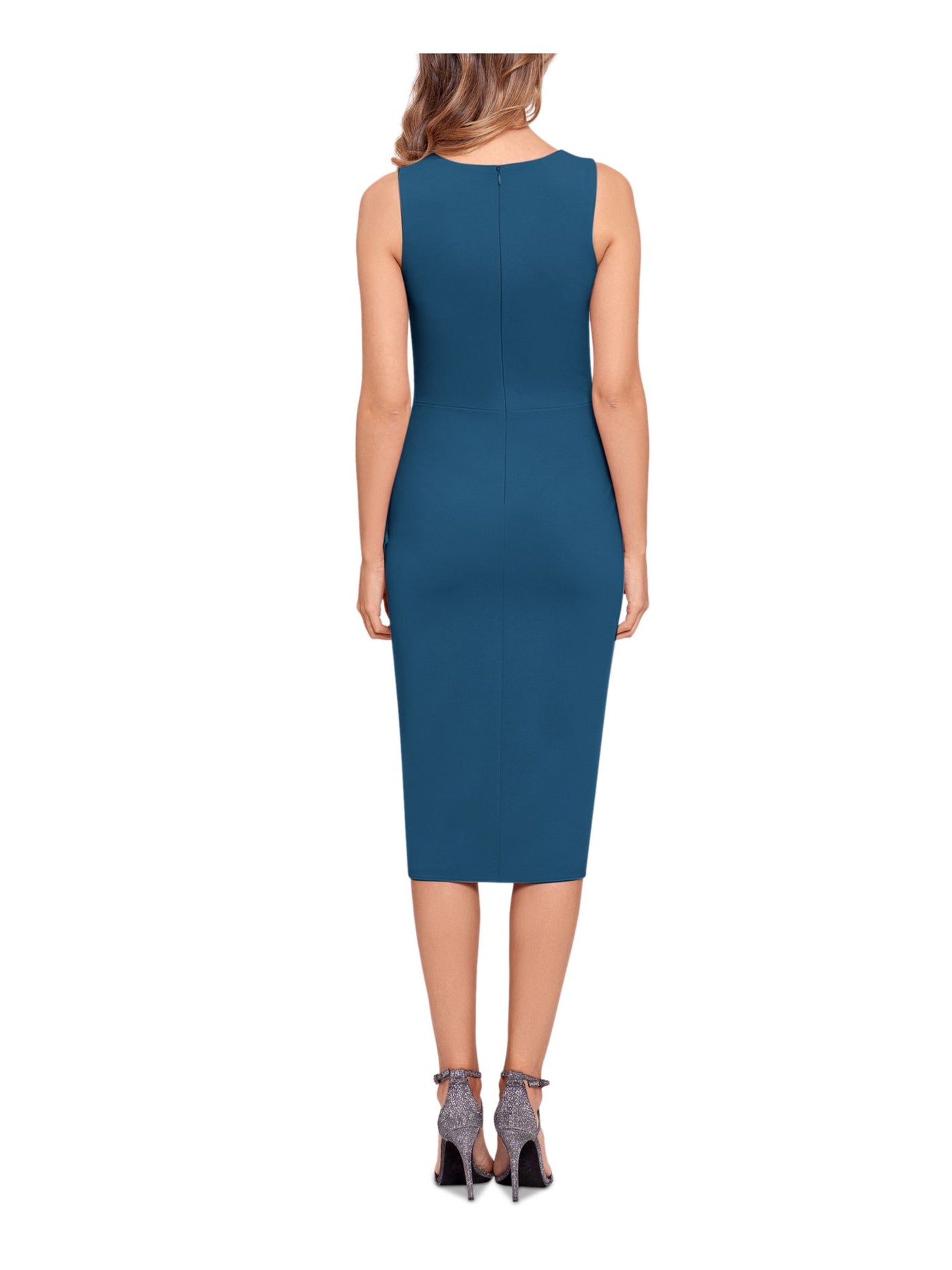 BETSY & ADAM Womens Teal Cut Out Zippered Cascading Ruffles Lined Sleeveless Boat Neck Midi Cocktail Sheath Dress 8