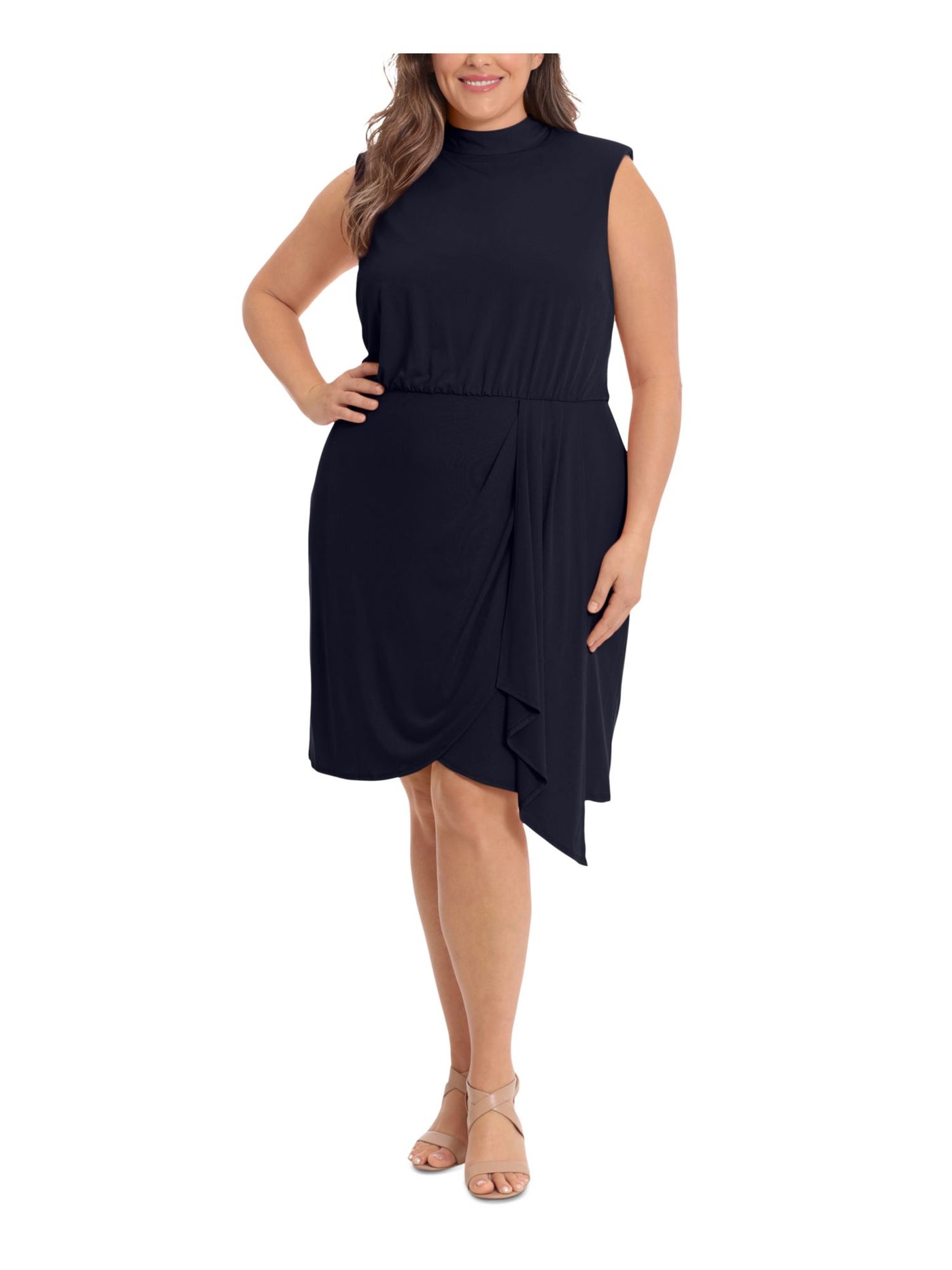 LONDON TIMES WOMAN Womens Navy Zippered Pleated Draped Front Lined Sleeveless Mock Neck Midi Wear To Work Sheath Dress Plus 20W