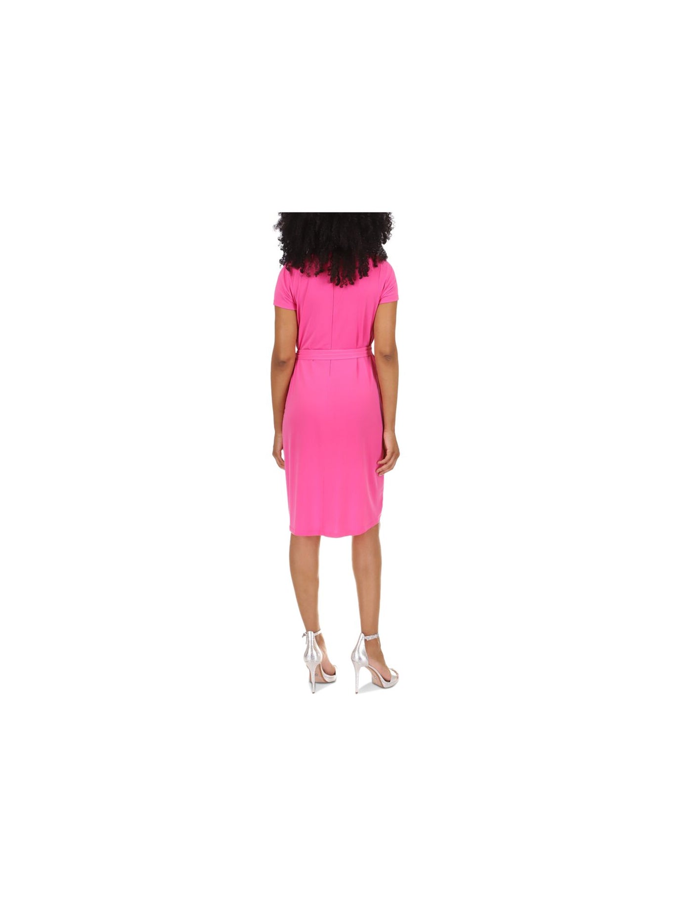 MICHAEL MICHAEL KORS Womens Pink Textured Zippered Cutout Chain Detail Tie-belt Short Sleeve Round Neck Short Hi-Lo Dress XS