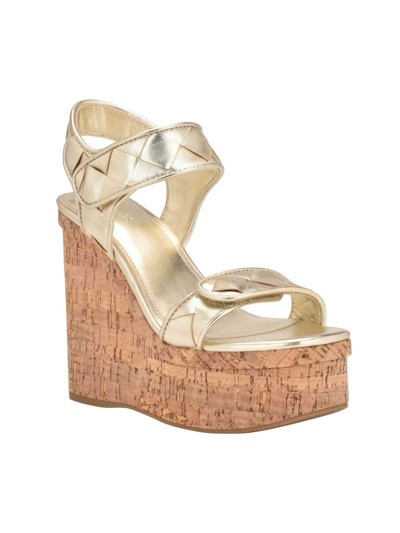 GUESS Womens Gold Cork Metallic Padded Cataline Square Toe Wedge Slingback Sandal 8.5 M
