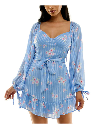 B DARLIN Womens Blue Zippered Lined Belted Sheer Padded Ruffled Floral Long Sleeve Sweetheart Neckline Short Fit + Flare Dress Juniors 9\10