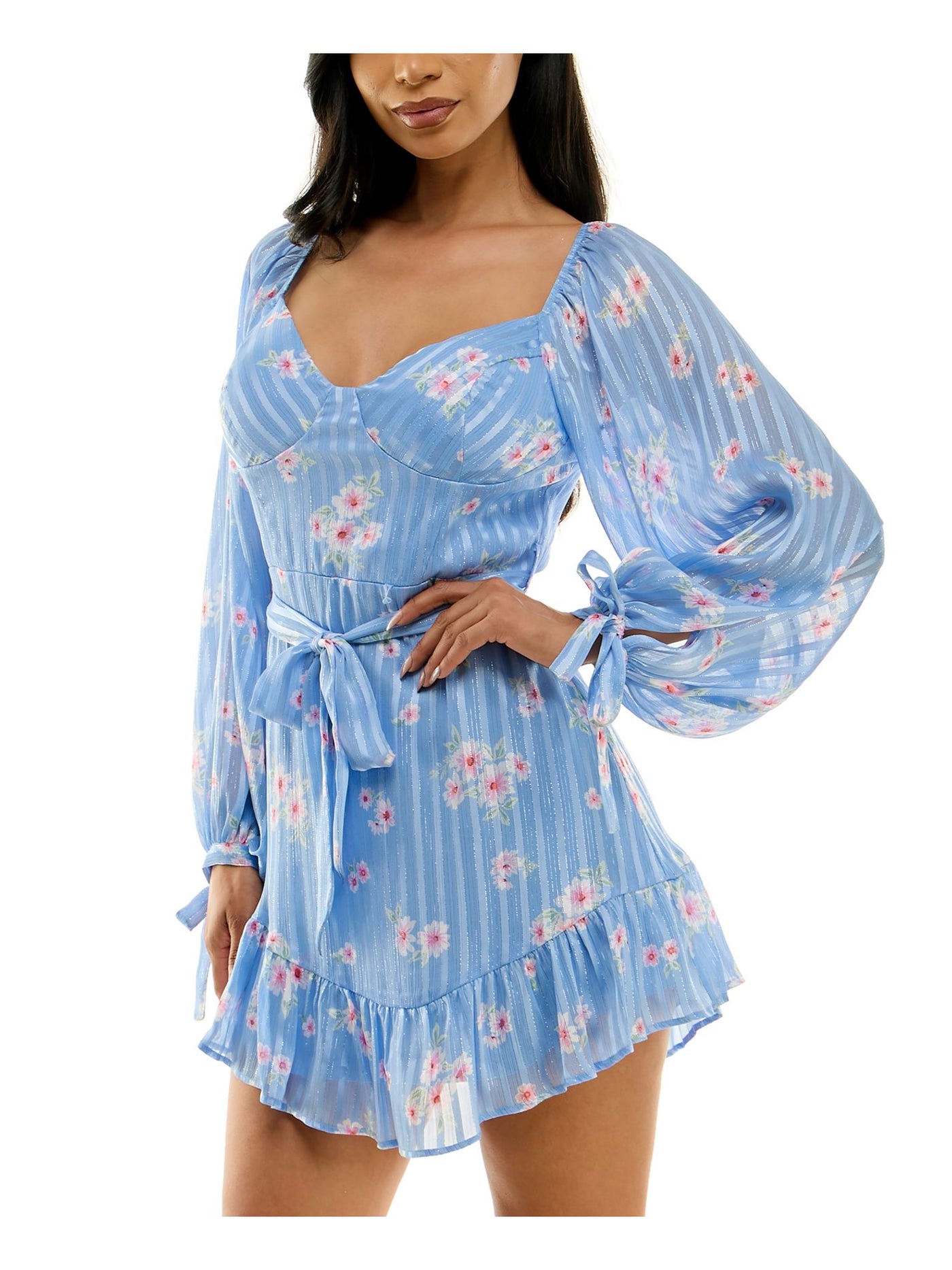 B DARLIN Womens Blue Zippered Lined Belted Sheer Padded Ruffled Floral Long Sleeve Sweetheart Neckline Short Fit + Flare Dress Juniors 9\10