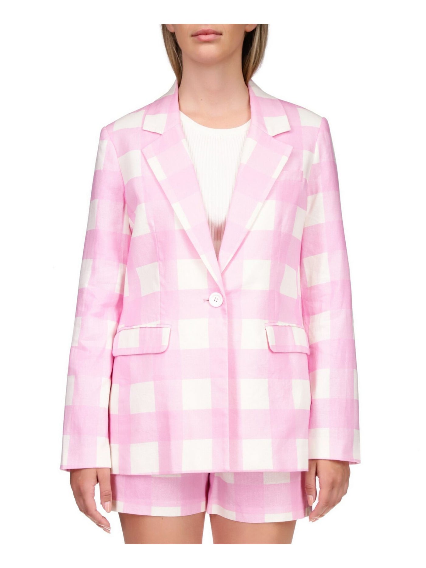 SANCTUARY Womens Pink Pocketed Lined One Button Closure Check Wear To Work Blazer Jacket S