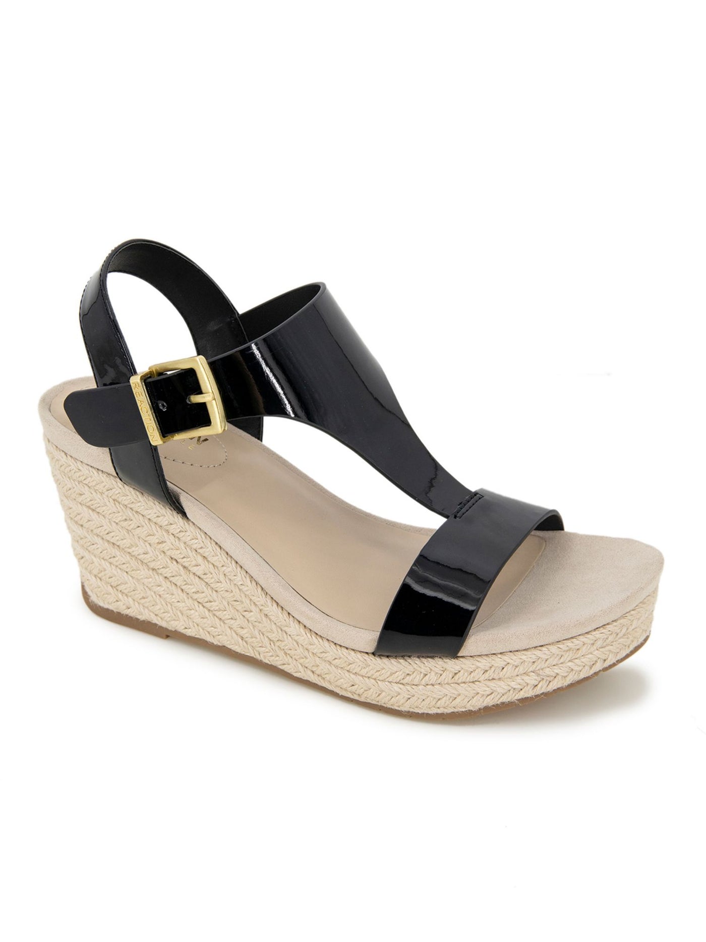 REACTION KENNETH COLE Womens Black 1" Platform Breathable Jute Wrapped Heel T-Strap Moisture Wicking Card Wedge Open Toe Wedge Buckle Espadrille Shoes 7