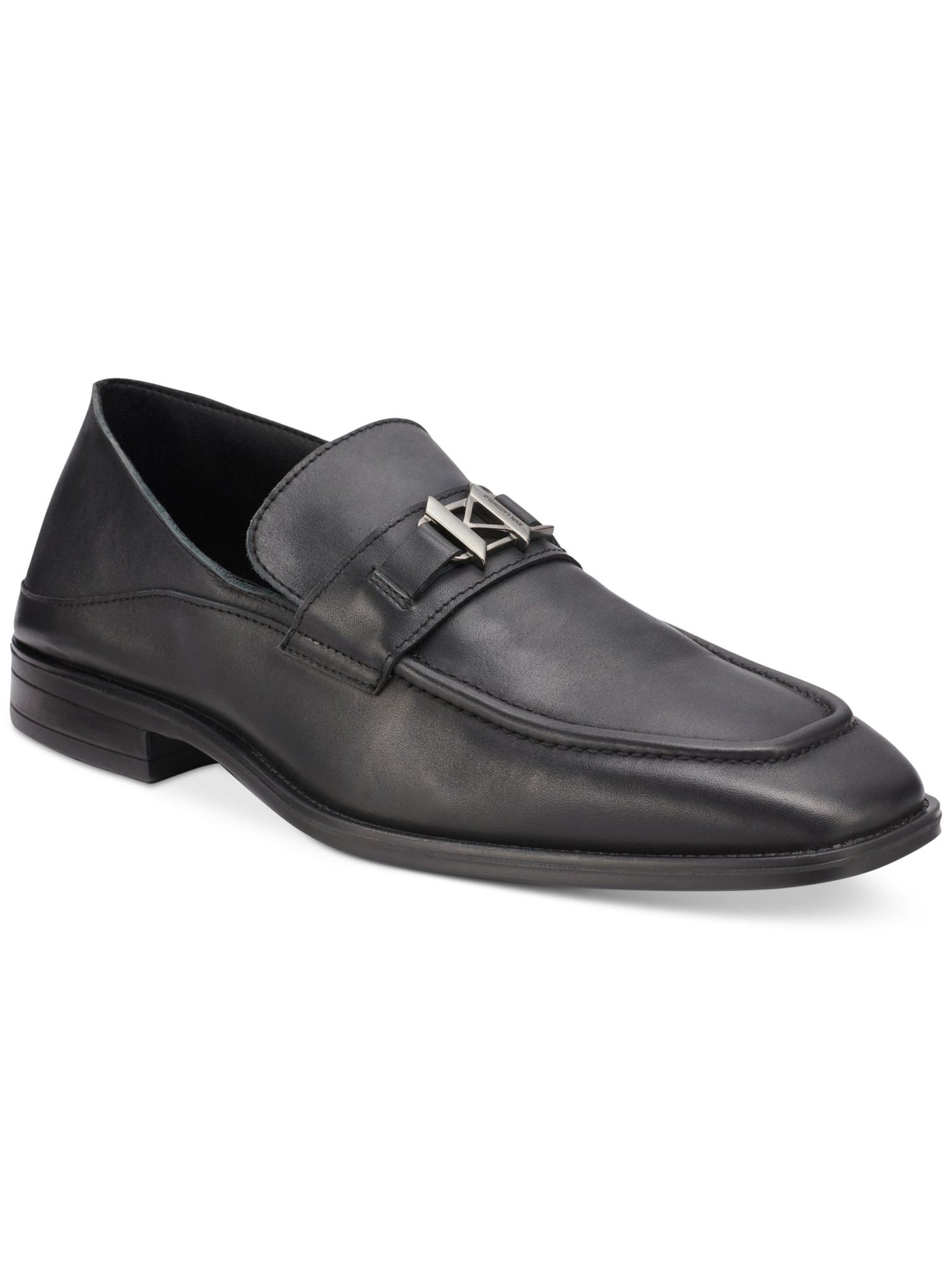 KARL LAGERFELD PARIS Mens Black Apron Toe Metal Logo Hardware Collapsable Heel Padded Bit Square Toe Block Heel Slip On Leather Loafers Shoes 12