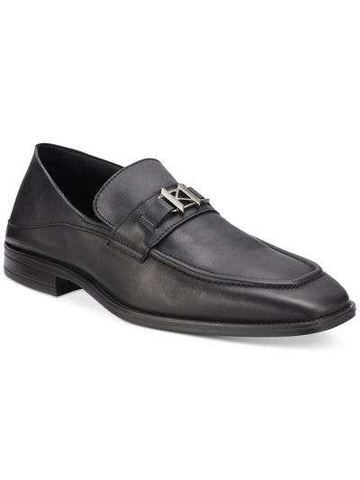 KARL LAGERFELD PARIS Mens Black Apron Toe Metal Logo Hardware Collapsable Heel Padded Bit Square Toe Block Heel Slip On Leather Loafers Shoes 12