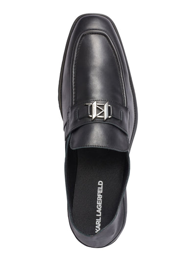 KARL LAGERFELD PARIS Mens Black Apron Toe Metal Logo Hardware Collapsable Heel Padded Bit Square Toe Block Heel Slip On Leather Loafers Shoes 12