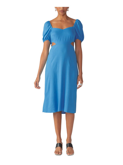 SANCTUARY Womens Blue Cut Out Zippered Tie Smocked Back Pouf Sleeve Sweetheart Neckline Midi Party Sheath Dress 6