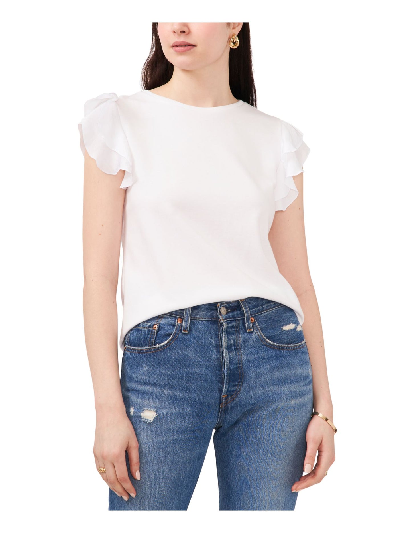 VINCE CAMUTO Womens White Ruffled Flutter Sleeve Jewel Neck Top XL