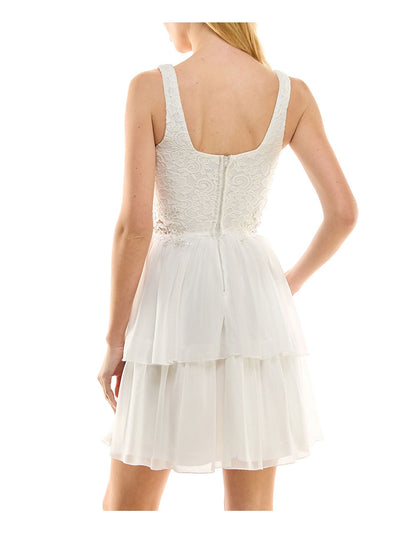 CITY STUDIO Womens Ivory Embellished Zippered Tiered Skirt Lined Sleeveless Square Neck Above The Knee Party Fit + Flare Dress Juniors 7\8