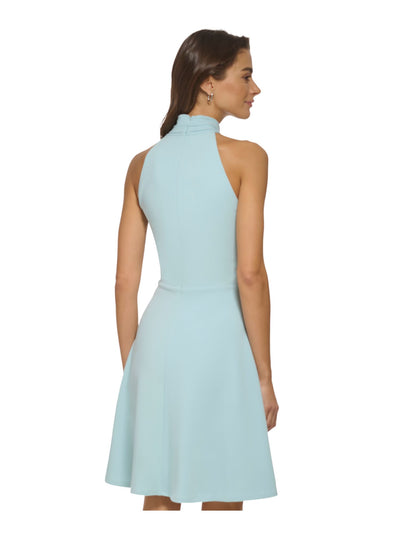 DKNY Womens Aqua Pleated Zippered Self-tie Belt Sleeveless Halter Above The Knee Party Fit + Flare Dress 16