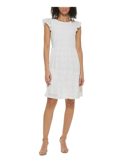 JESSICA HOWARD Womens White Lined Keyhole Back Tiered Skirt Flutter Sleeve Jewel Neck Above The Knee Wear To Work Fit + Flare Dress 16