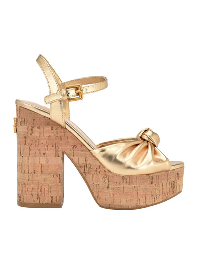 GUESS Womens Gold 1-1/2" Platform Emblem On Heel Yipster Open Toe Platform Buckle Heeled Sandal 7 M
