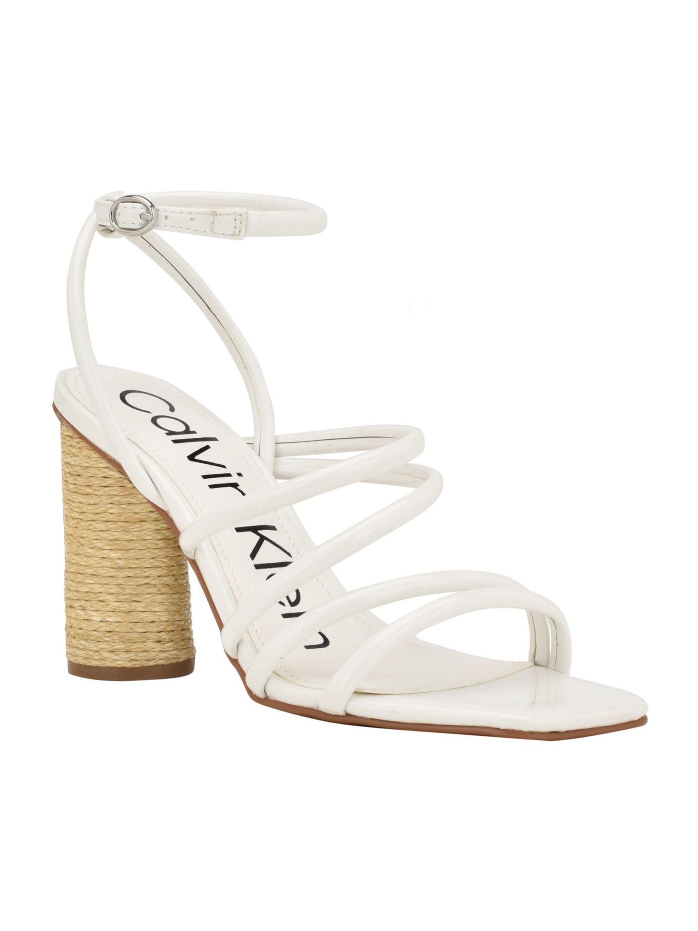 CALVIN KLEIN Womens White Asymmetrical Straps Padded Ankle Strap Goring Sizzle Square Toe Buckle Heeled Sandal 6 M