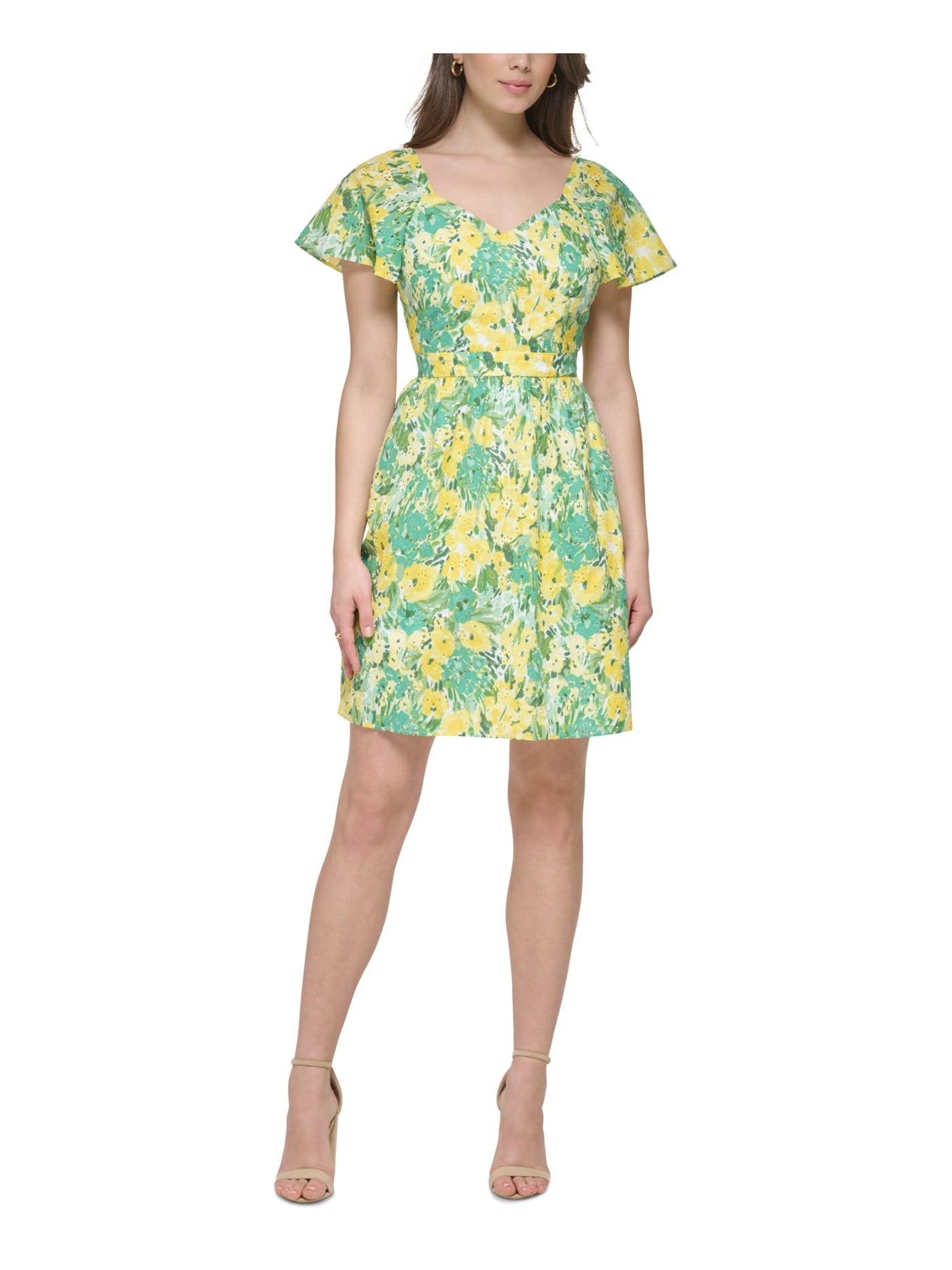 KENSIE Womens Yellow Lined Zippered Eyelet Embroidered Square Back Floral Flutter Sleeve Sweetheart Neckline Short Sheath Dress Juniors 2