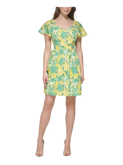 KENSIE Womens Yellow Lined Zippered Eyelet Embroidered Square Back Floral Flutter Sleeve Sweetheart Neckline Short Sheath Dress Juniors 2