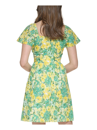 KENSIE Womens Yellow Lined Zippered Eyelet Embroidered Square Back Floral Flutter Sleeve Sweetheart Neckline Short Sheath Dress Juniors 2