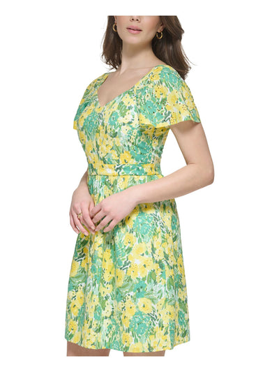 KENSIE Womens Yellow Lined Zippered Eyelet Embroidered Square Back Floral Flutter Sleeve Sweetheart Neckline Short Sheath Dress Juniors 2