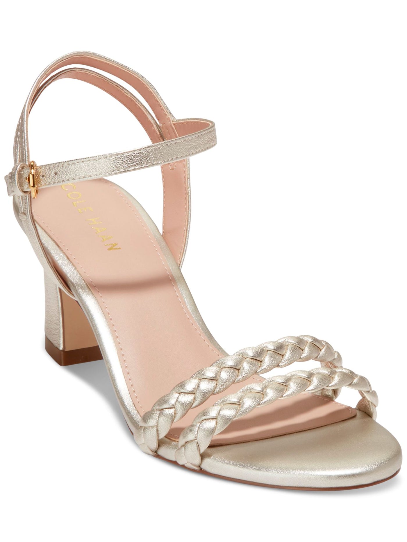 COLE HAAN Womens Gold Metallic Braided Padded Alyse Open Toe Flare Buckle Leather Dress Heeled Sandal 7 B