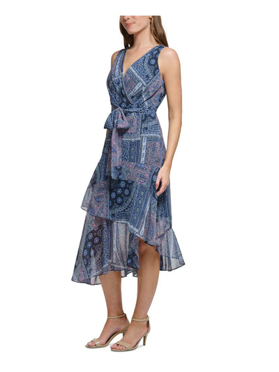 TOMMY HILFIGER Womens Zippered Sleeveless Surplice Neckline Midi Party Shift Dress