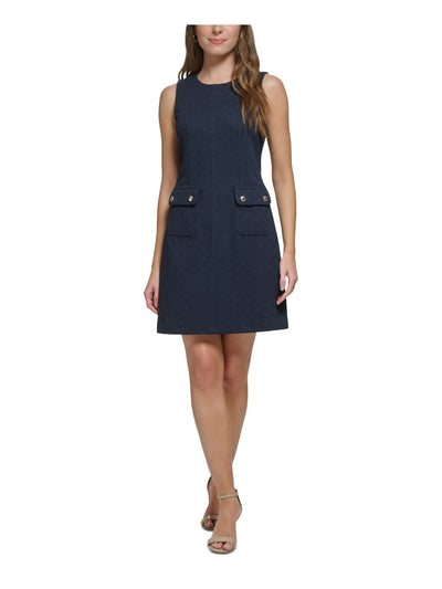 TOMMY HILFIGER Womens Navy Zippered Unlined Snap Pockets Sleeveless Round Neck Above The Knee Wear To Work Sheath Dress 18