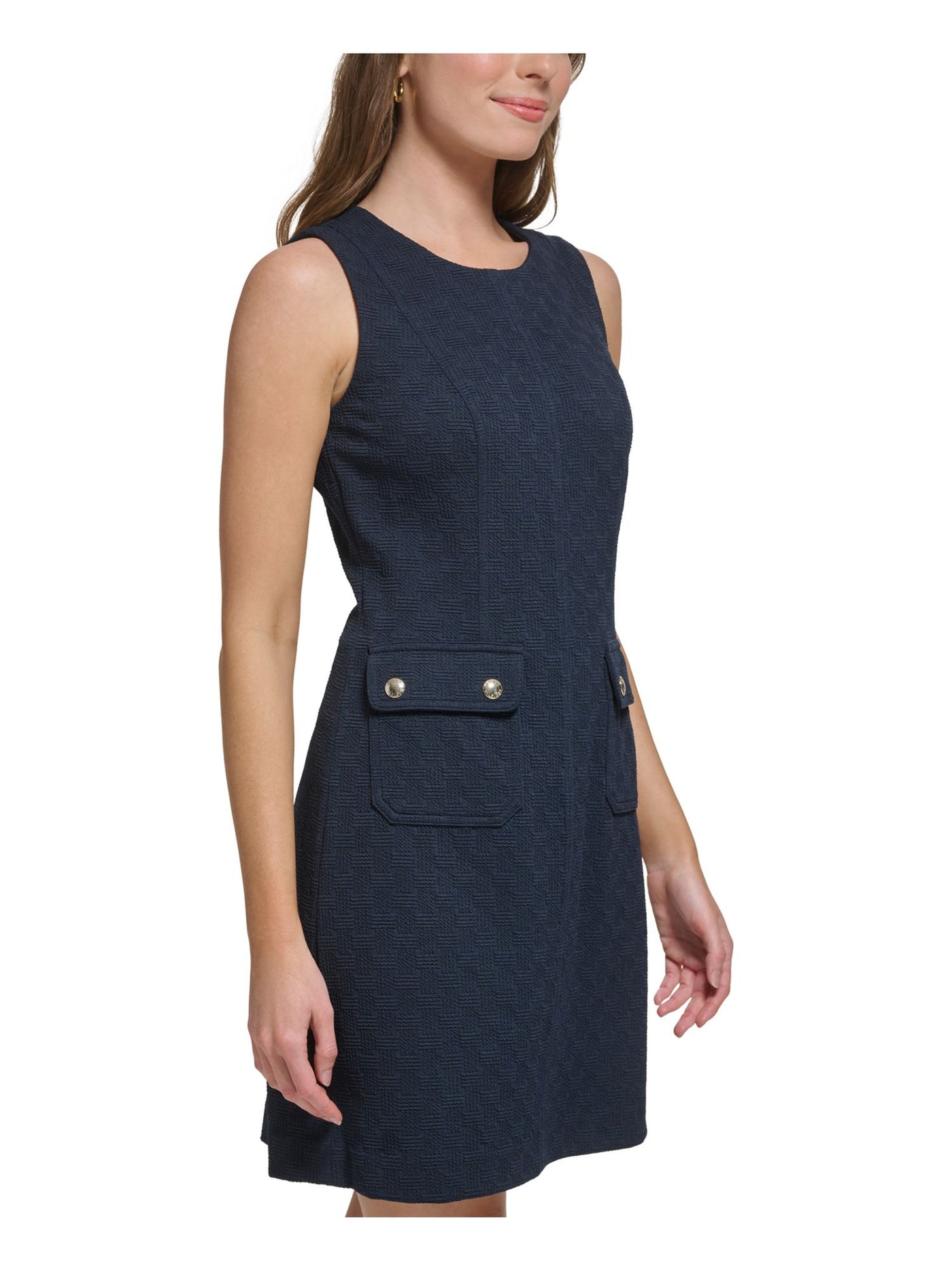 TOMMY HILFIGER Womens Navy Zippered Unlined Snap Pockets Sleeveless Round Neck Above The Knee Wear To Work Sheath Dress 18