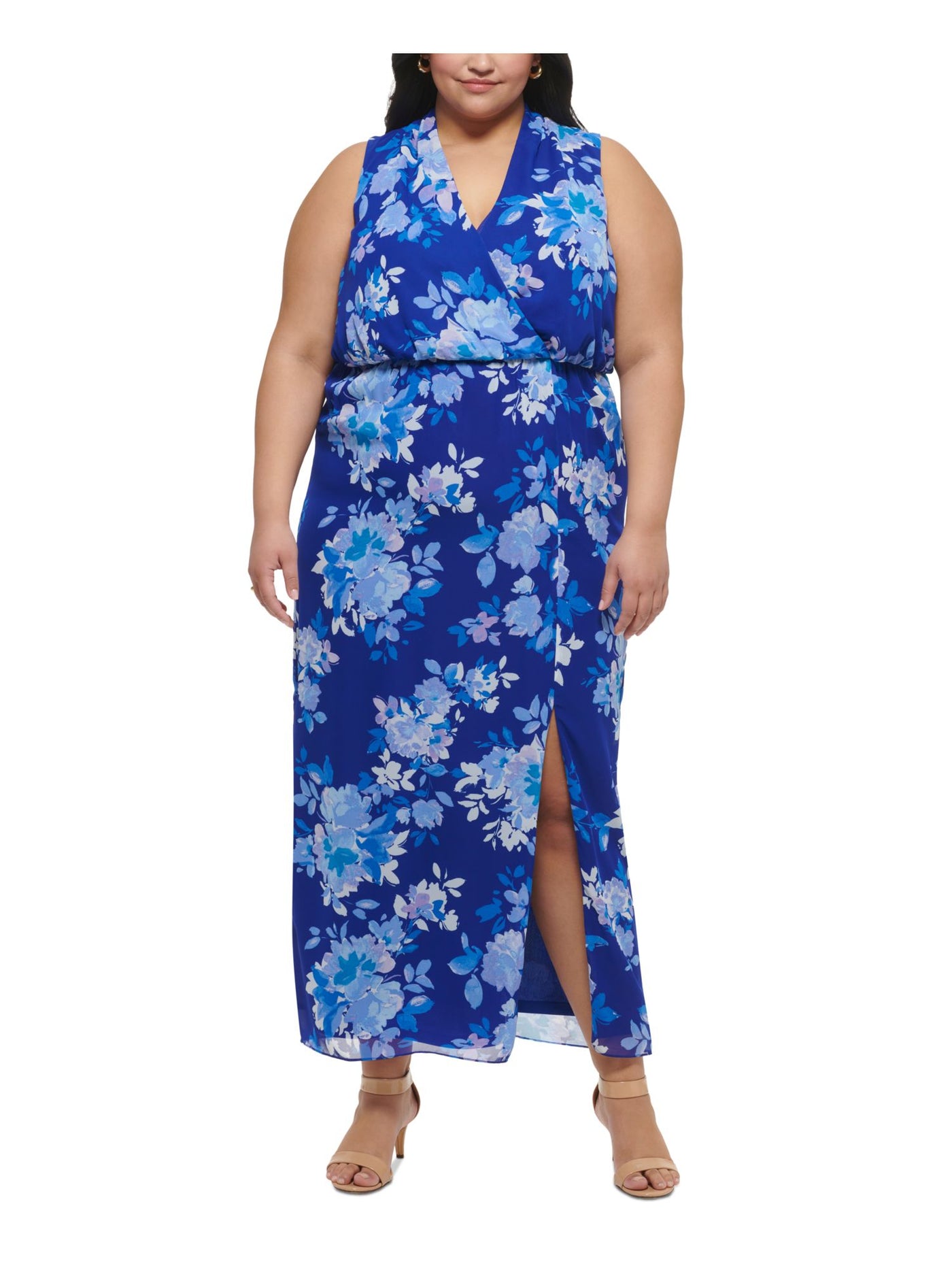 JESSICA HOWARD Womens Blue Zippered Slitted Lined Floral Sleeveless Surplice Neckline Maxi Party Blouson Dress Plus 24W