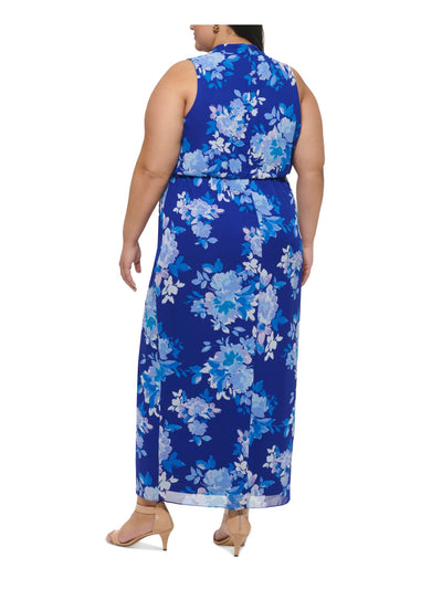 JESSICA HOWARD Womens Blue Zippered Slitted Lined Floral Sleeveless Surplice Neckline Maxi Party Blouson Dress Plus 16W