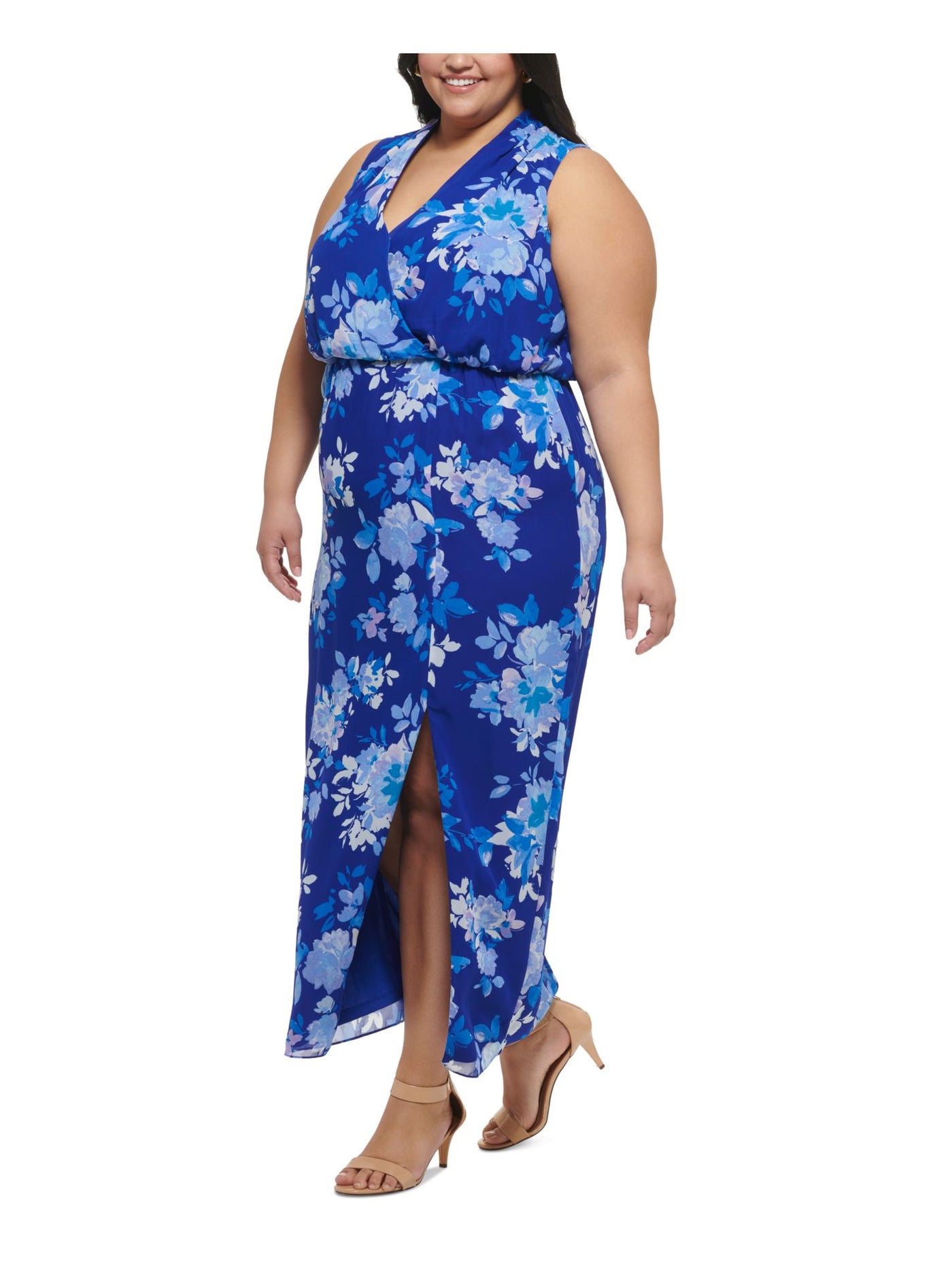 JESSICA HOWARD Womens Blue Zippered Slitted Lined Floral Sleeveless Surplice Neckline Maxi Party Blouson Dress Plus 24W