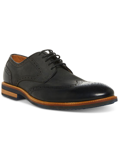 STEVE MADDEN Mens Black Brogue Treaded Padded Kaigo Wingtip Toe Block Heel Lace-Up Leather Dress Shoes 9 M