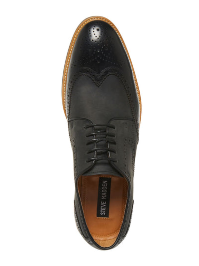 STEVE MADDEN Mens Black Brogue Treaded Padded Kaigo Wingtip Toe Block Heel Lace-Up Leather Dress Shoes 9 M