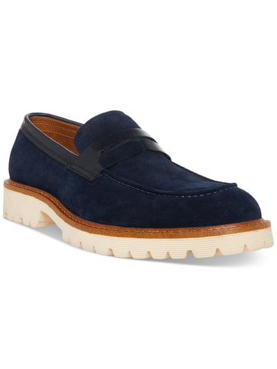 STEVE MADDEN Mens Navy Apron Toe Penny Keeper Strap Lug Sole Treaded Brice Round Toe Slip On Leather Dress Loafers Shoes 9 M