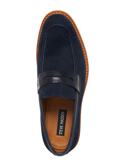 STEVE MADDEN Mens Navy Apron Toe Penny Keeper Strap Lug Sole Treaded Brice Round Toe Slip On Leather Dress Loafers Shoes 9 M