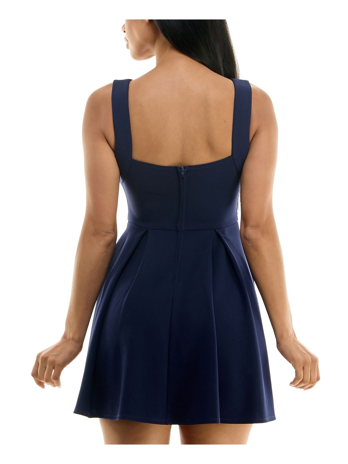 B DARLIN Womens Navy Zippered Pleated Scuba Crepe Pocketed Sleeveless Jewel Neck Short Fit + Flare Dress Juniors 5\6