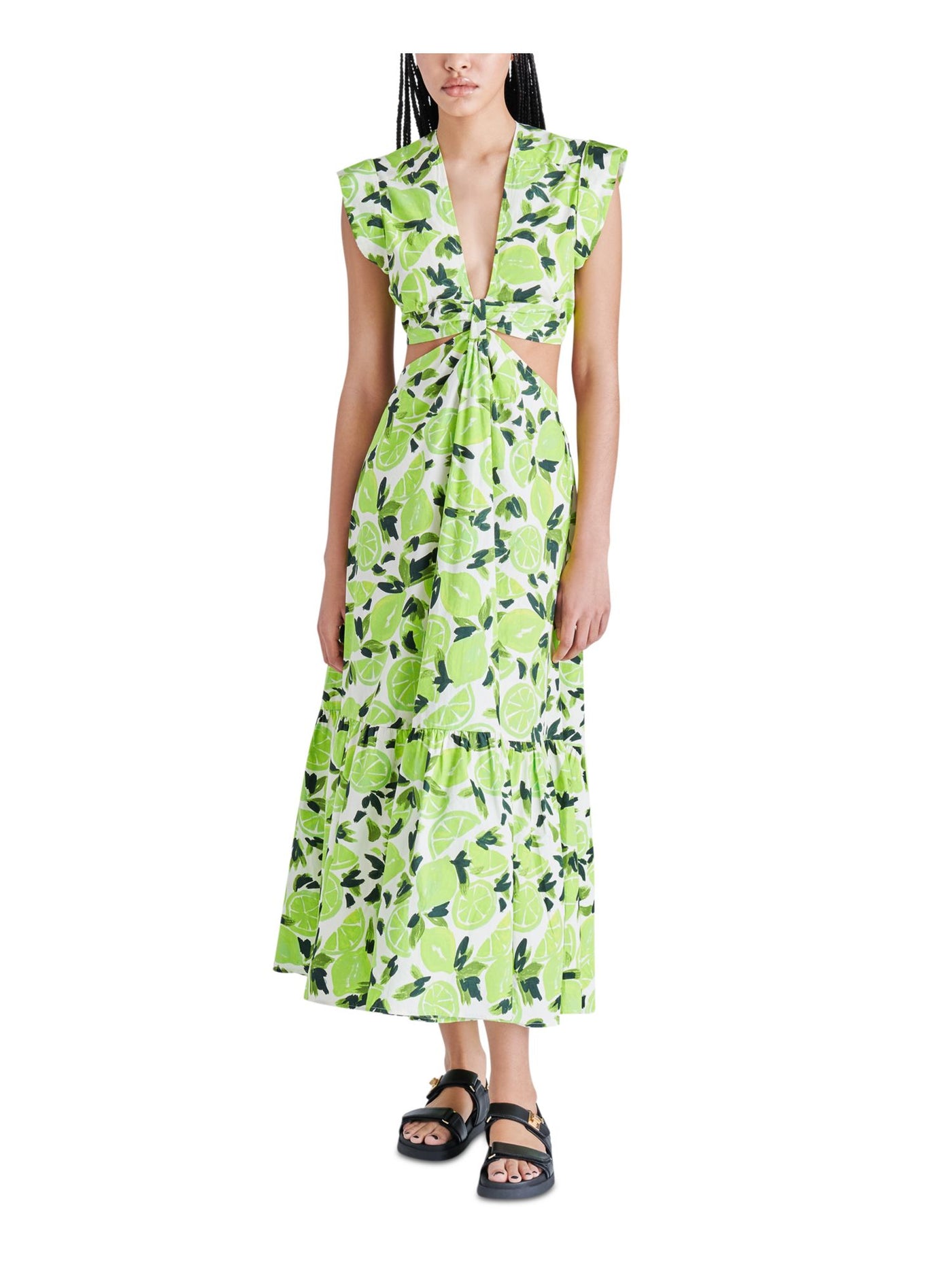 STEVE MADDEN Womens Green Cut Out Pleated Elastic Back Waist Tiered Printed Cap Sleeve V Neck Midi Fit + Flare Dress L