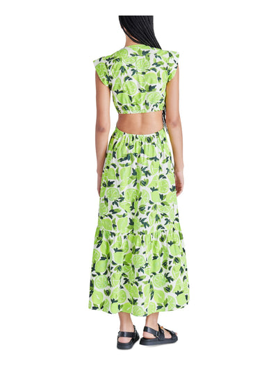 STEVE MADDEN Womens Green Cut Out Pleated Elastic Back Waist Tiered Printed Cap Sleeve V Neck Midi Fit + Flare Dress L