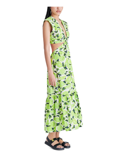 STEVE MADDEN Womens Green Cut Out Pleated Elastic Back Waist Tiered Printed Cap Sleeve V Neck Midi Fit + Flare Dress L