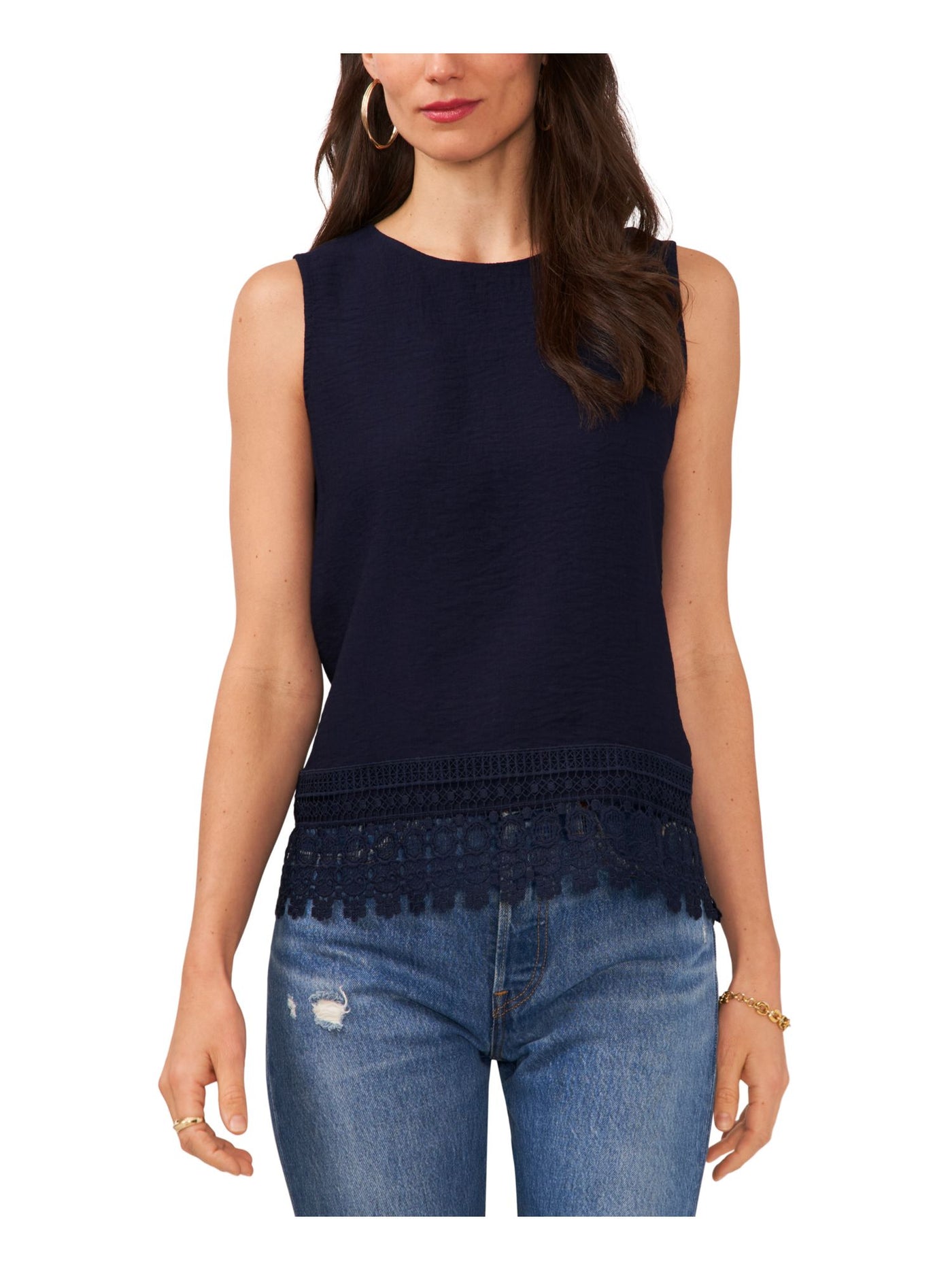 VINCE CAMUTO Womens Navy Lace Buttoned Back Keyhole Crew Neck Tank Top XXS