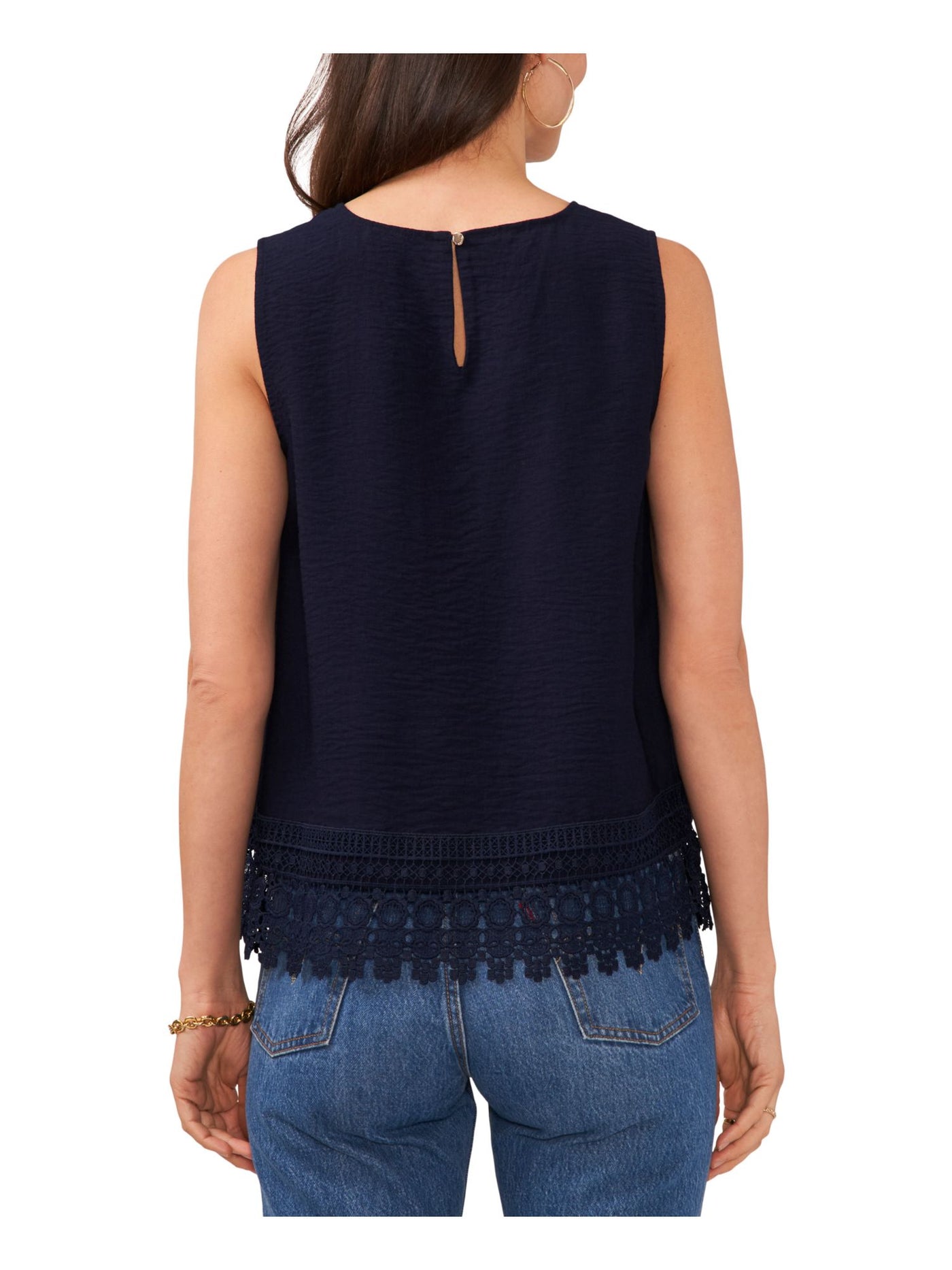 VINCE CAMUTO Womens Navy Lace Buttoned Back Keyhole Crew Neck Tank Top XS