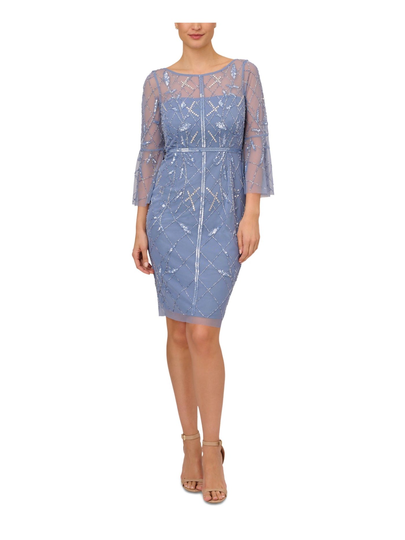 ADRIANNA PAPELL Womens Blue Beaded Zippered Lined 3/4 Sleeve Boat Neck Above The Knee Party Sheath Dress 10